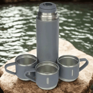 Kit Garrafa Térmica 500ML+ 3 Xícaras Aço Inoxidável Cinza - Imagem 8