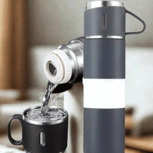 Kit Garrafa Térmica 500ML+ 3 Xícaras Aço Inoxidável Cinza - Imagem 4