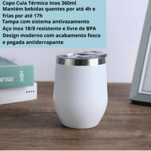 Copo Cuia Térmico Inox com Tampa Antivazamento 360ML Branco - Imagem 2