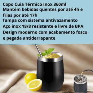 Copo Cuia Térmico Inox com Tampa Antivazamento Preto 360ml - Imagem 2